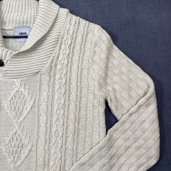 ASOS Womens Cable Knit Sweater Shawl Collar Small Beige Long Sleeve Pullover - Picture 9 of 11